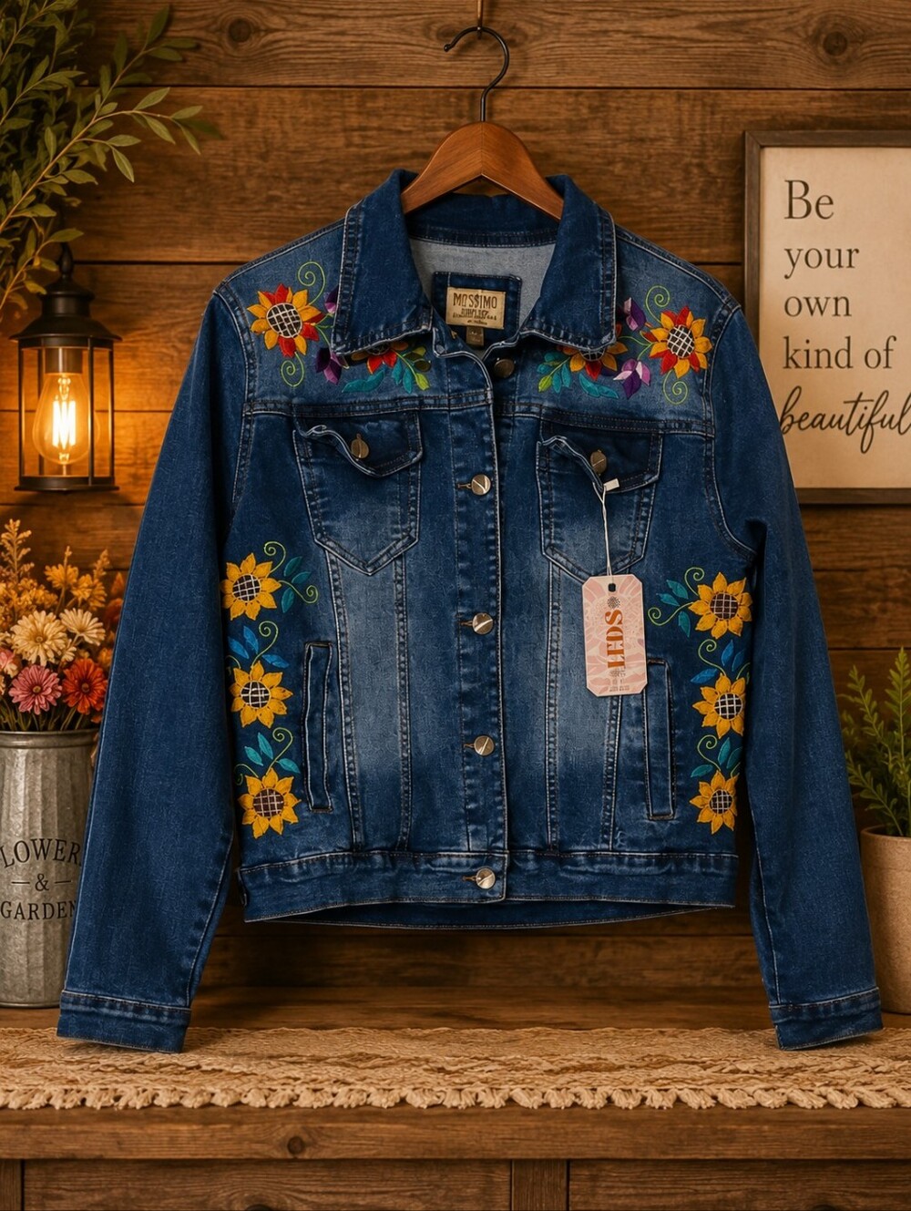 Embroidered Sunflower Denim Jacket - Blue - Picture 2 of 2